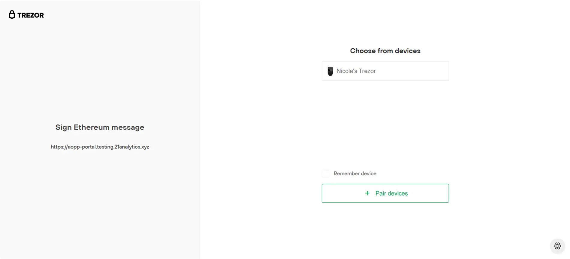 Trezor device pairing screen.