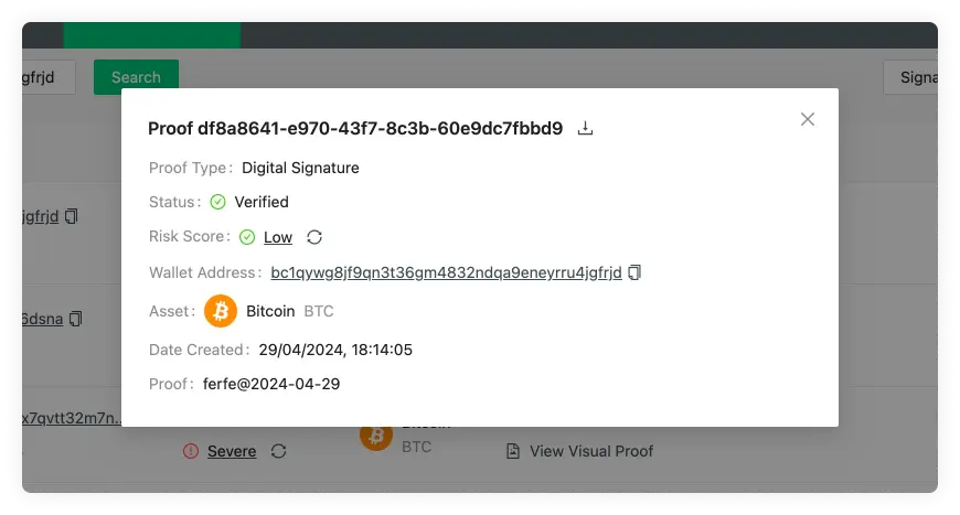 A modal with the details of a wallet address proof