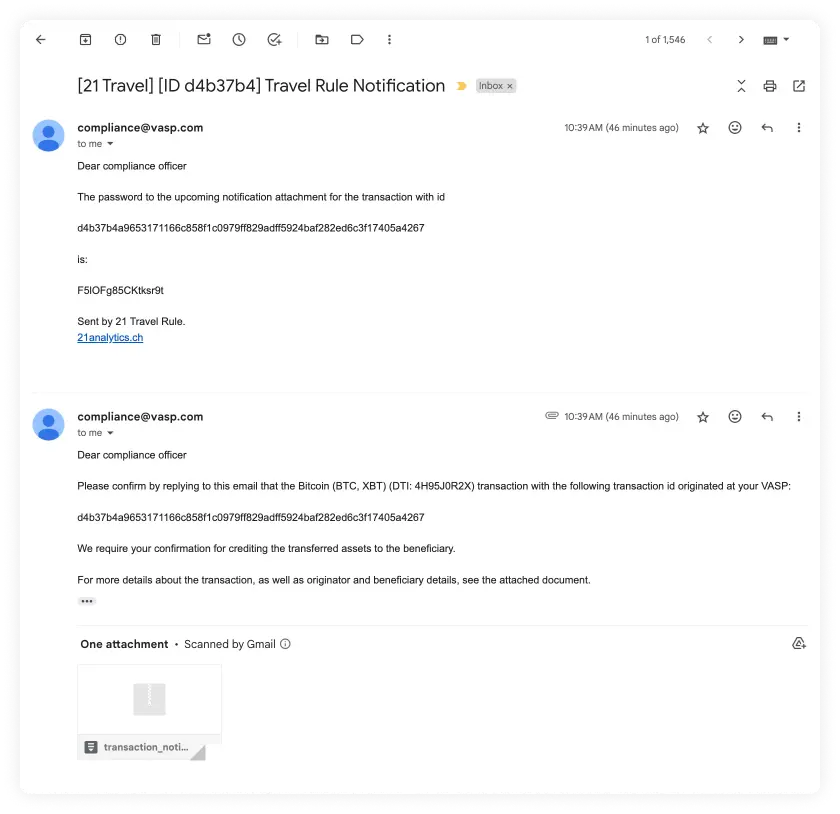 An email with the details to confirm the transaction