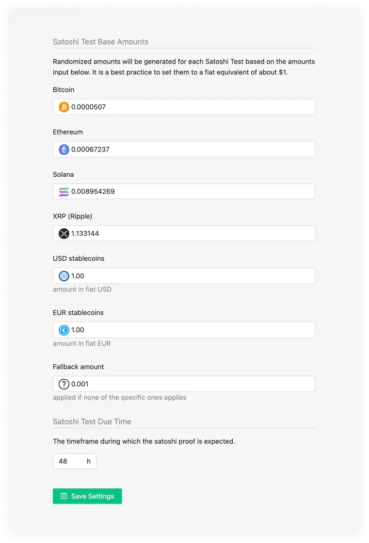 Satoshi Test settings with the new Solana, XRP, USD Stablecoins, EUR Stablecoins and a fallback amount as well as the Due Time