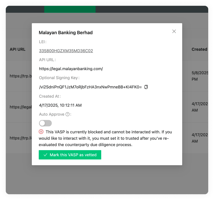 Counterparty VASP detail pop-up for Blocked VASP