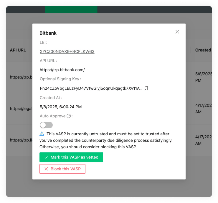 Counterparty VASP detail pop-up for New (Untrusted) VASP
