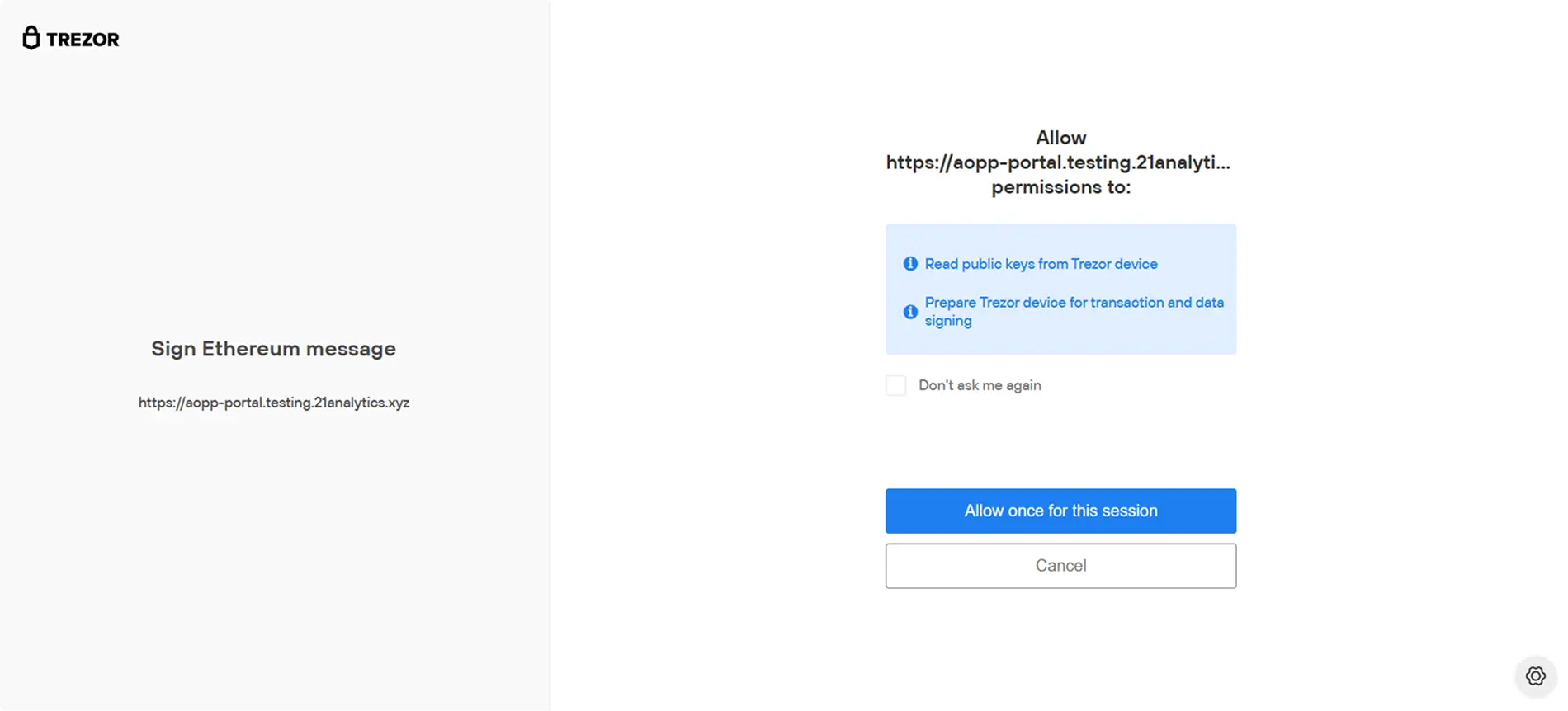 Trezor device permission screen.