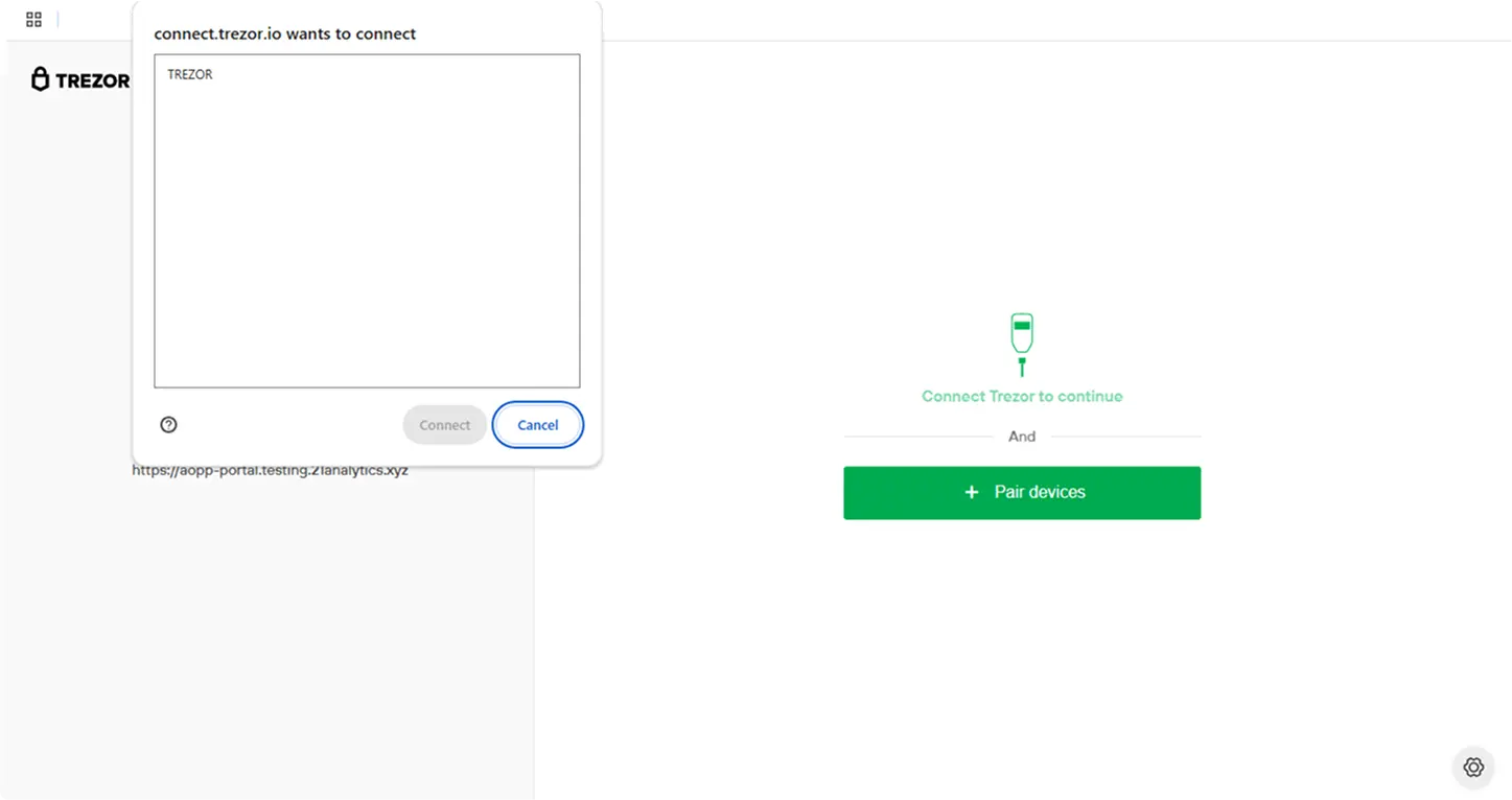 Trezor browser pop-up.