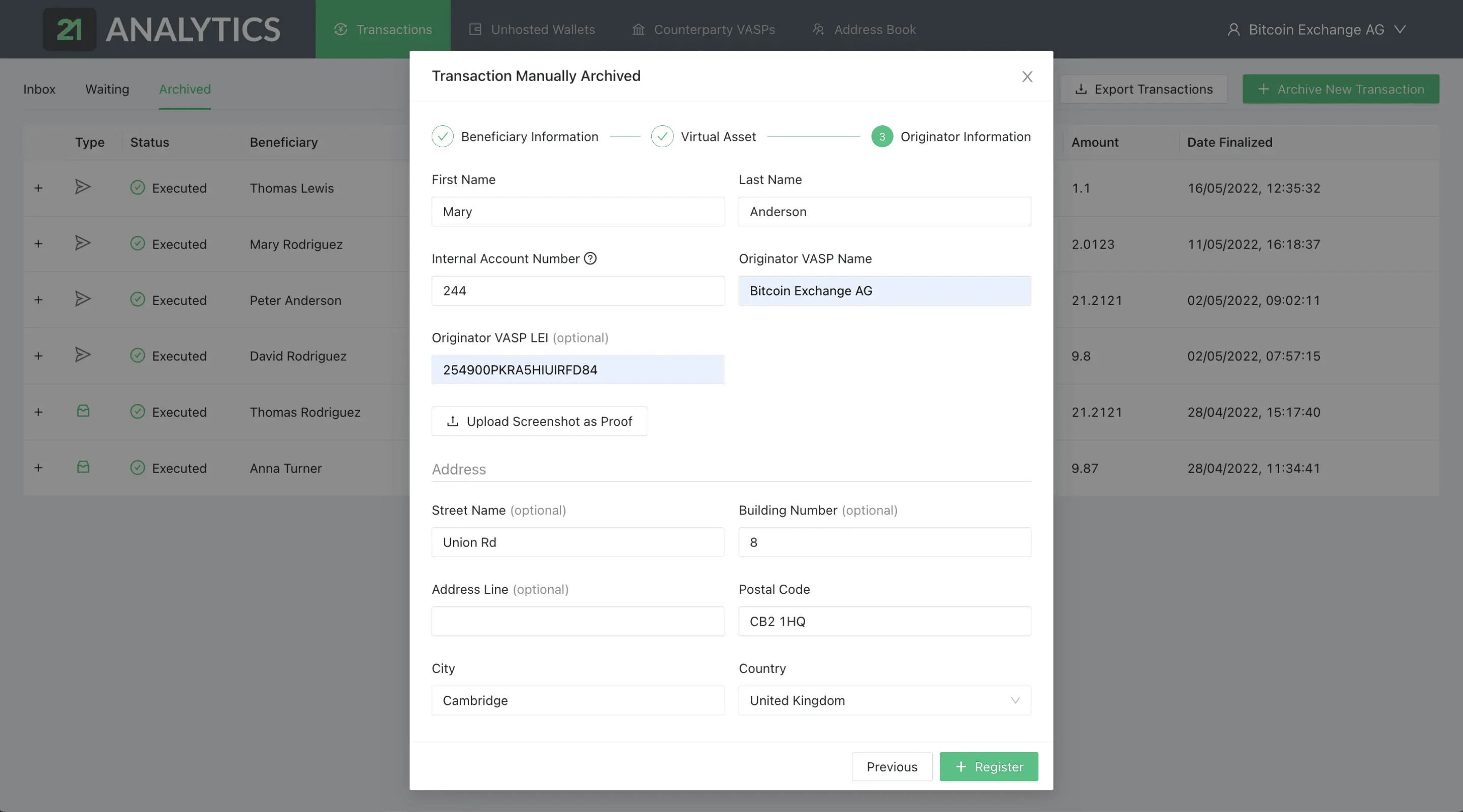 Register Transactions Manually User Interface