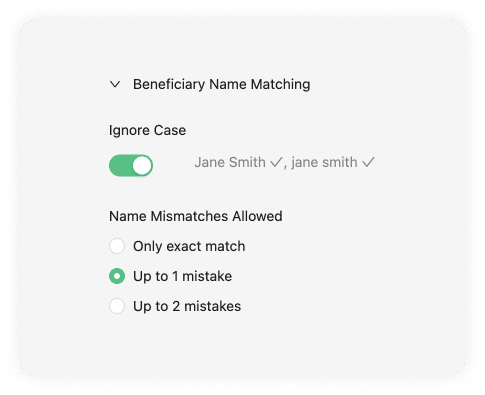 A dropdown with the options to choose the sensitivity of the fuzzy matching. It includes case sensitivity and name of mismatches allowed.