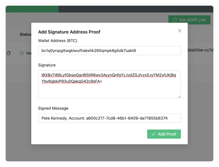 Add signature address proof form. A modal with wallet address, signature and signed message fields. After that there's an Add Proof button.